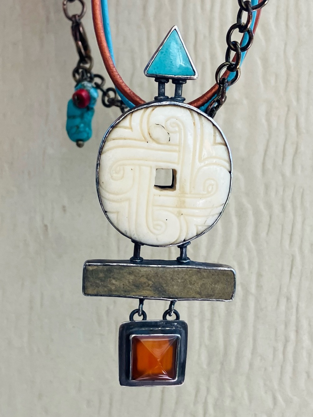 925 Vintage Designer Janice Lee Ripley Tribal Boho Pendant Necklace